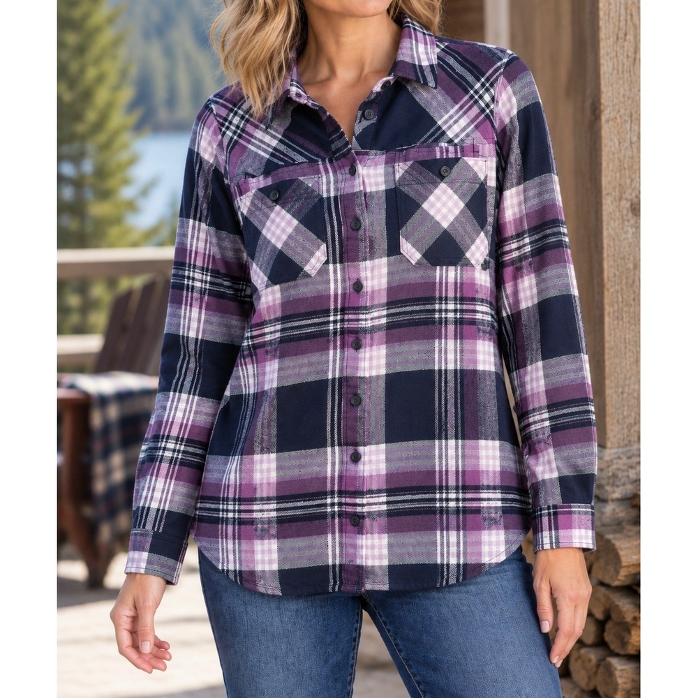 Duluth Trading Co Womens Large Purple Plaid Free Swing Flannel Button Shirt L - Picture 1 of 6